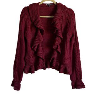 Anne Klein Burgundy Ruffled Open Cardigan Y2K Cropped Metallic Womens M Cozy